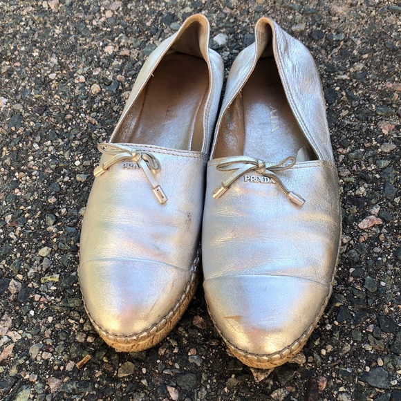 Prada Silver Leather Bow Detail Espadrilles Flats Size 40 EU - Picture 12 of 12